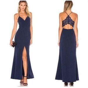 Lovers + Friends Formal Maxi Dress Helena Navy Blue Lace Back Front Slit size 2